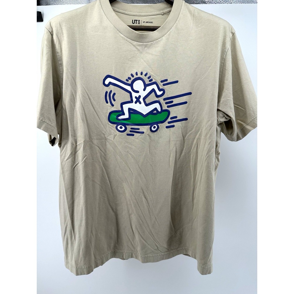 Uniqlo UT Archive Graphic Logo Print Tee Beige Crew Neck Short Sleeve Men XL
